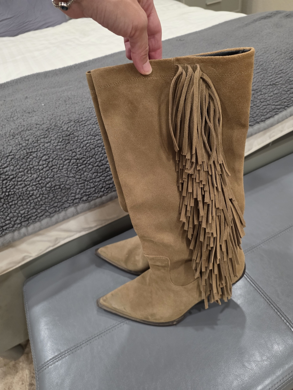 Zara Tan Suede Fringe Knee-High Heeled Boots